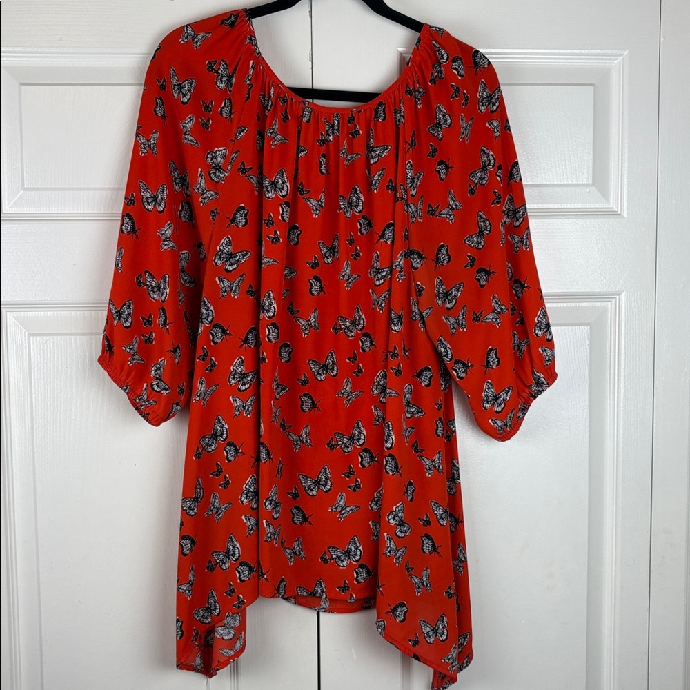 Karen Kane Butterfly Print Boho Blouse – Red & Black Peasant Top Size 1X - Picture 7 of 10